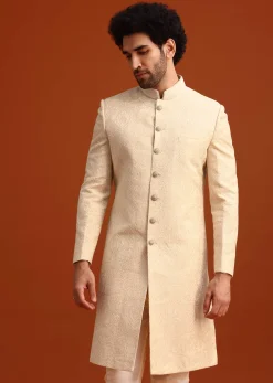 Off White Moonga Silk Embroidered Sherwani Set