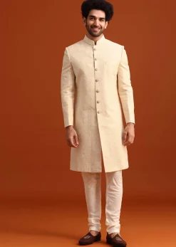 Off White Moonga Silk Embroidered Sherwani Set