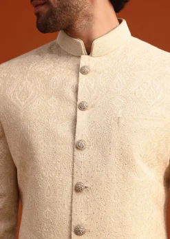Off White Moonga Silk Embroidered Sherwani Set