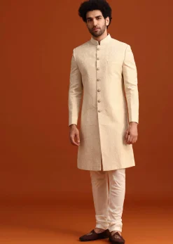 Off White Moonga Silk Embroidered Sherwani Set