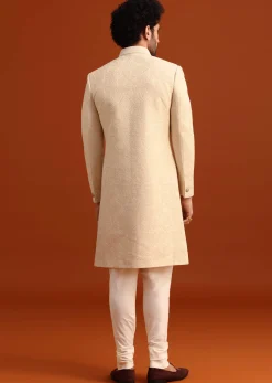 Off White Moonga Silk Embroidered Sherwani Set