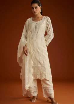 Off White Mul Chanderi Embroidered Kurta Dupatta Set