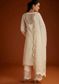 Off White Mul Chanderi Embroidered Kurta Dupatta Set