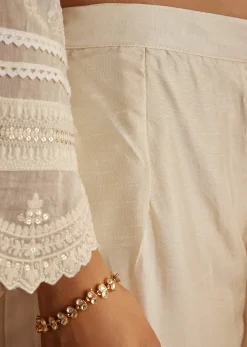 Off White Mul Chanderi Embroidered Kurta Dupatta Set