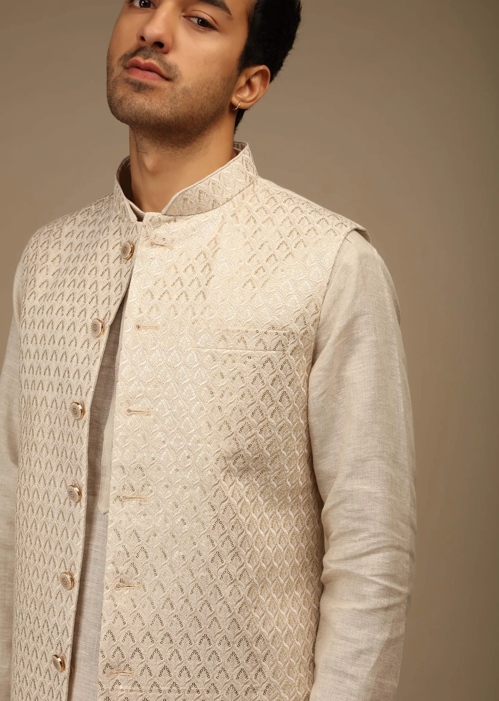 Off White Nehru Jacket And Kurta Set In Linen Silk With Resham And Sequins Embroidered Moroccan Jaal