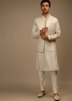 Off White Nehru Jacket And Kurta Set In Linen Silk With Resham And Sequins Embroidered Moroccan Jaal
