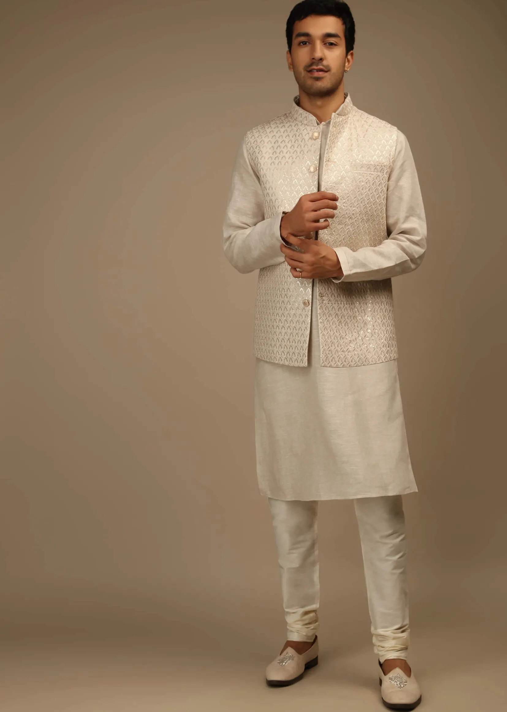 Off White Nehru Jacket And Kurta Set In Linen Silk With Resham And Sequins Embroidered Moroccan Jaal