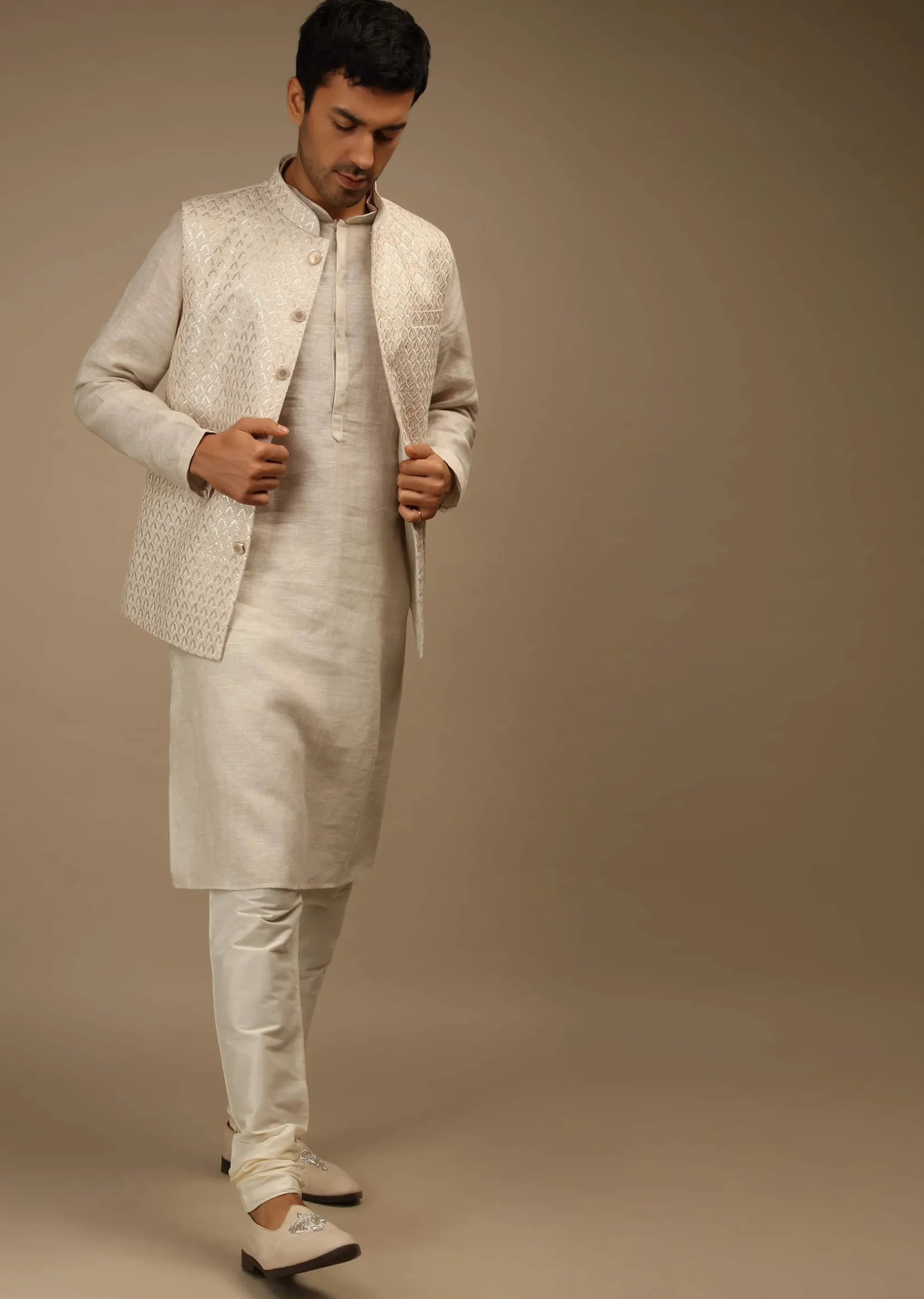 Off White Nehru Jacket And Kurta Set In Linen Silk With Resham And Sequins Embroidered Moroccan Jaal