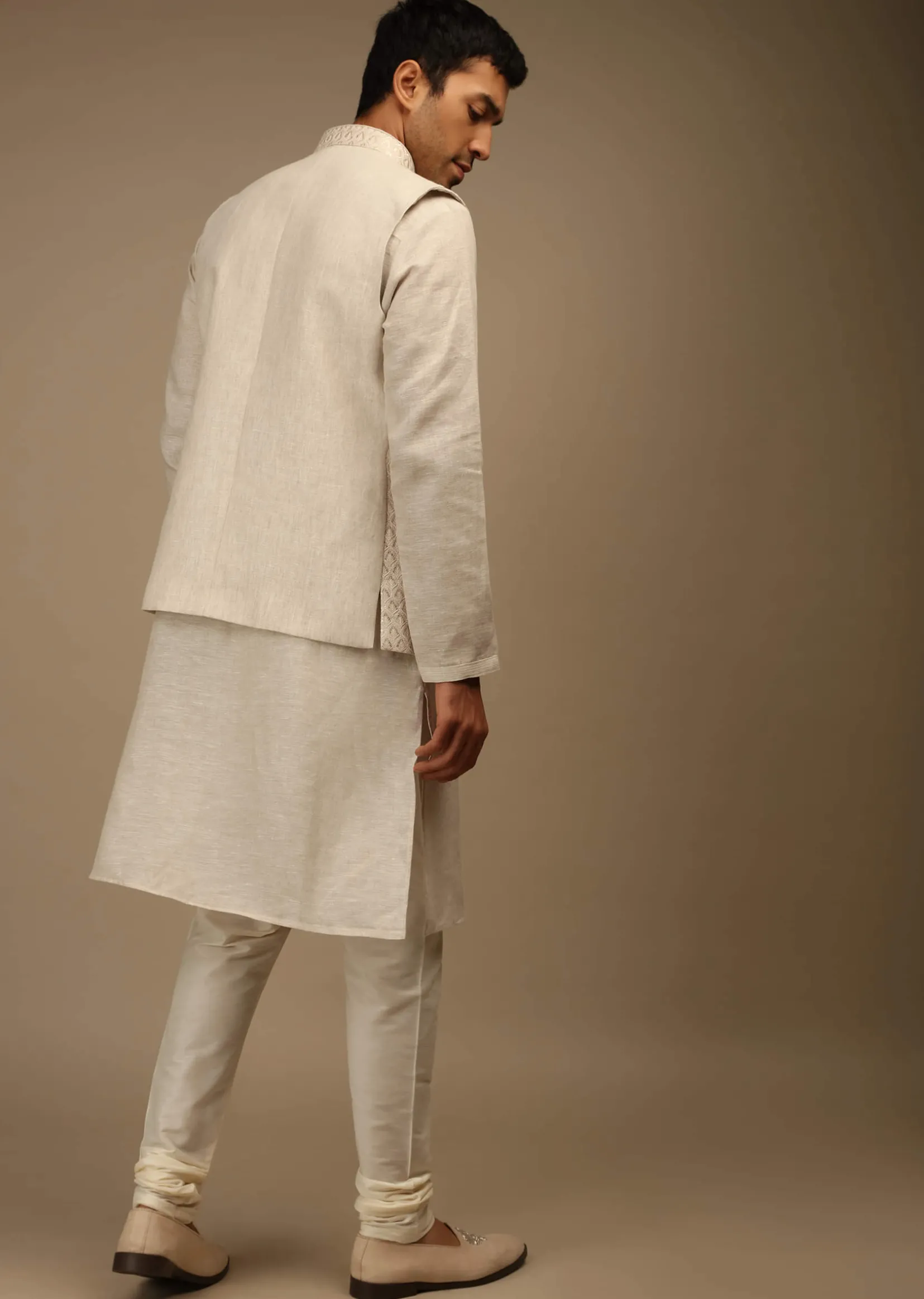 Off White Nehru Jacket And Kurta Set In Linen Silk With Resham And Sequins Embroidered Moroccan Jaal