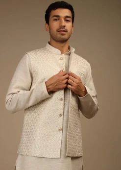 Off White Nehru Jacket And Kurta Set In Linen Silk With Resham And Sequins Embroidered Moroccan Jaal