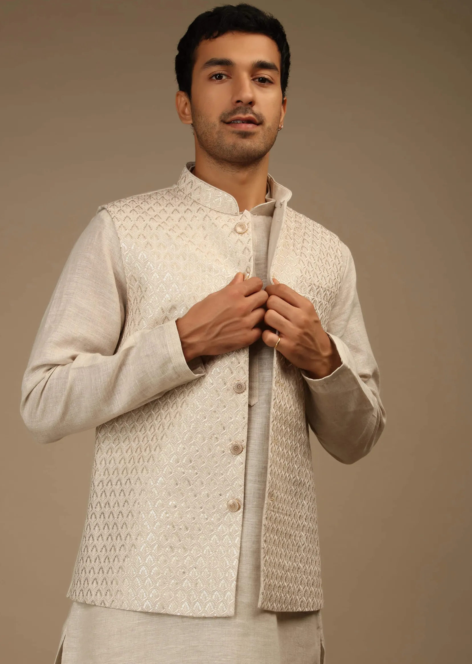 Off White Nehru Jacket And Kurta Set In Linen Silk With Resham And Sequins Embroidered Moroccan Jaal