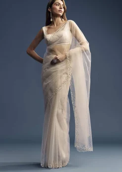 Off White Net Saree With Sequins Embroidery