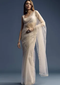 Off White Net Saree With Sequins Embroidery