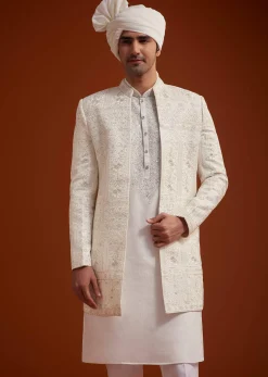 Off White Open Jacket Sherwani Set With Resham Work