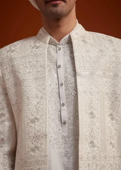 Off White Open Jacket Sherwani Set With Resham Work