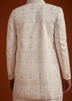 Off White Open Jacket Sherwani Set With Resham Work