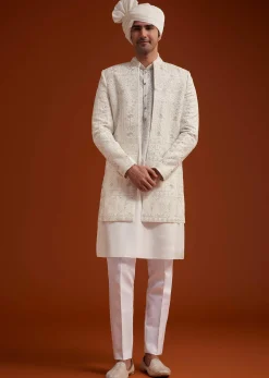 Off White Open Jacket Sherwani Set With Resham Work