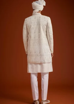 Off White Open Jacket Sherwani Set With Resham Work