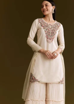 Off White Organza Embroidered Kurta Set With Dupatta