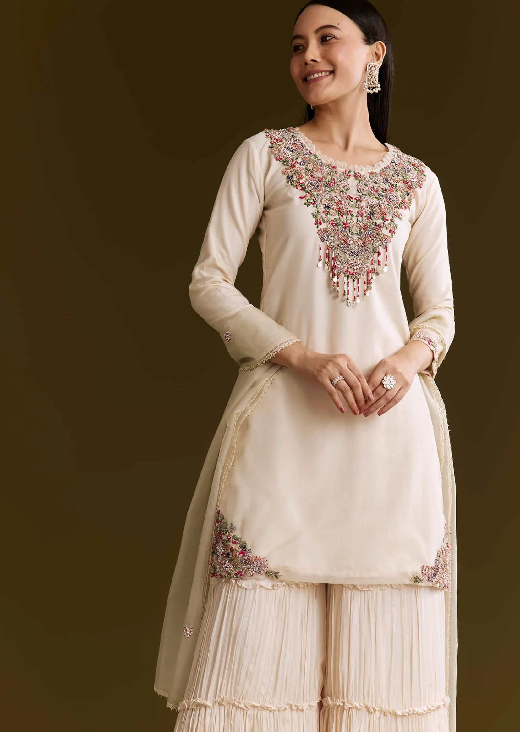Off White Organza Embroidered Kurta Set With Dupatta