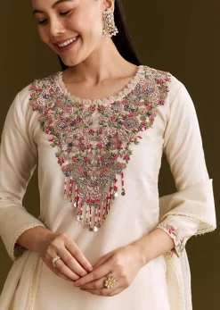 Off White Organza Embroidered Kurta Set With Dupatta
