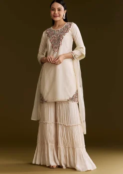 Off White Organza Embroidered Kurta Set With Dupatta
