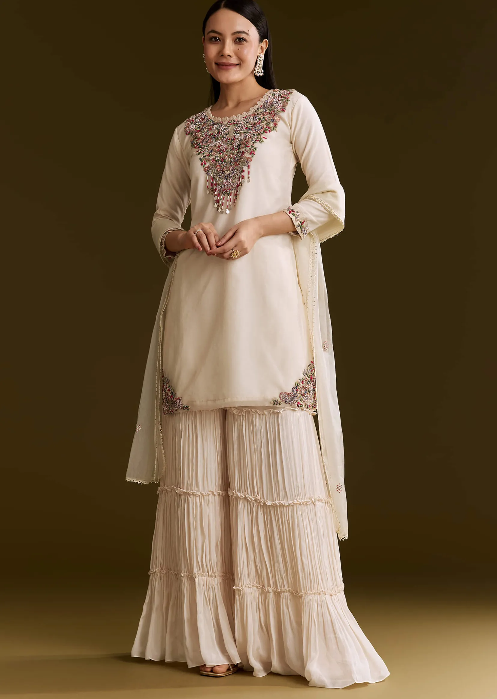 Off White Organza Embroidered Kurta Set With Dupatta