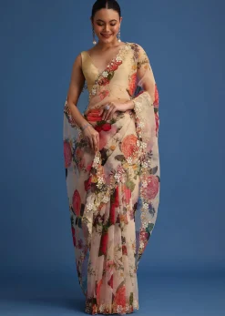 Off White Organza Floral Printed Saree With Embroidered Border