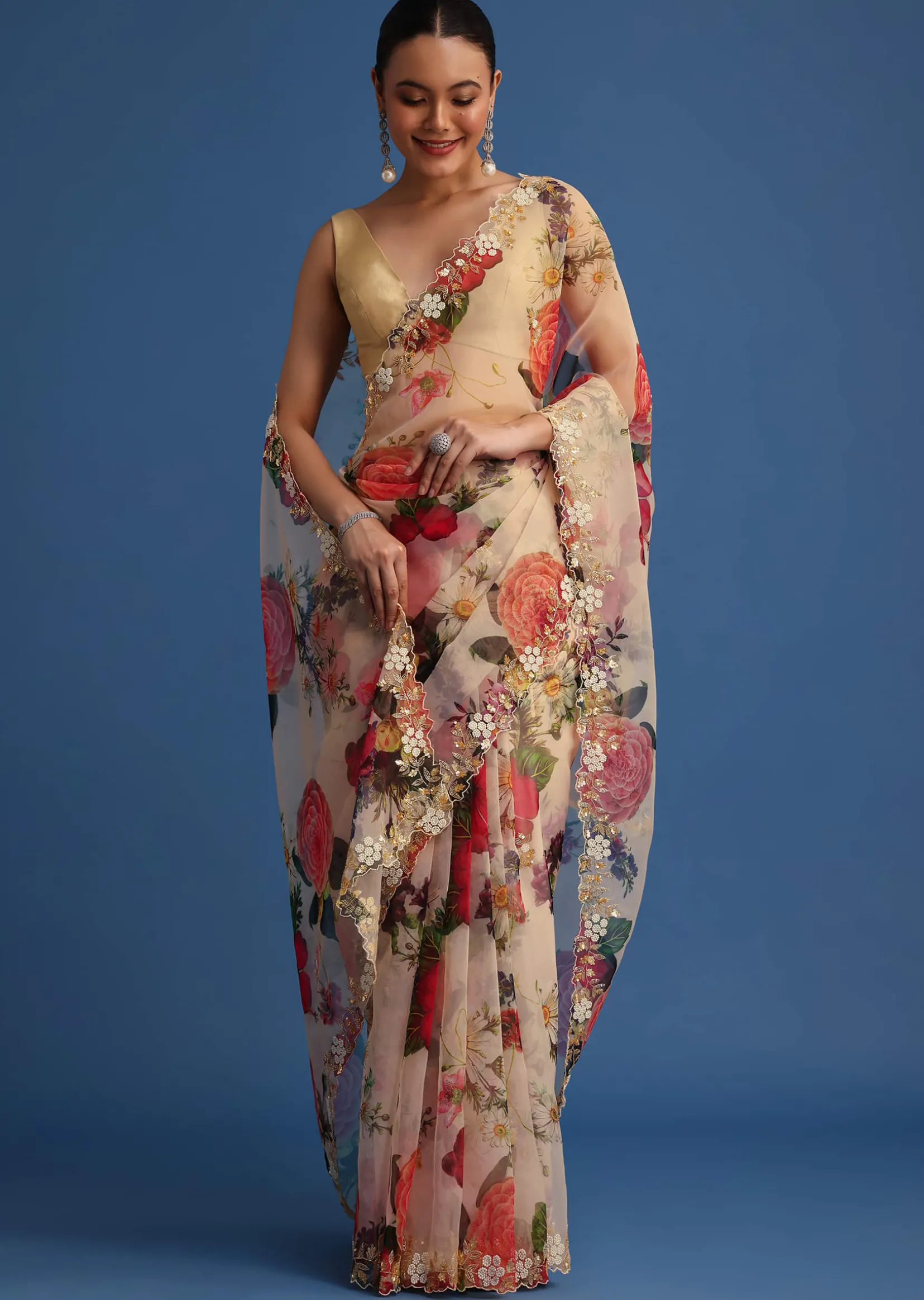 Off White Organza Floral Printed Saree With Embroidered Border