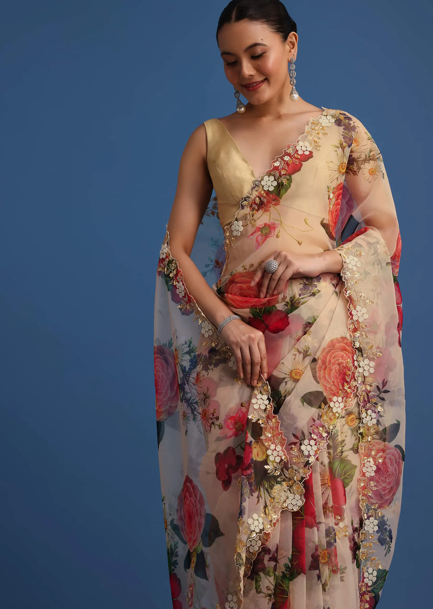 Off White Organza Floral Printed Saree With Embroidered Border