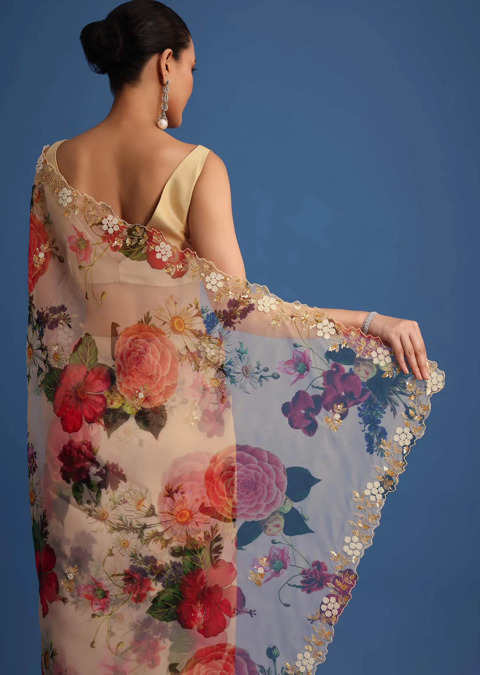 Off White Organza Floral Printed Saree With Embroidered Border
