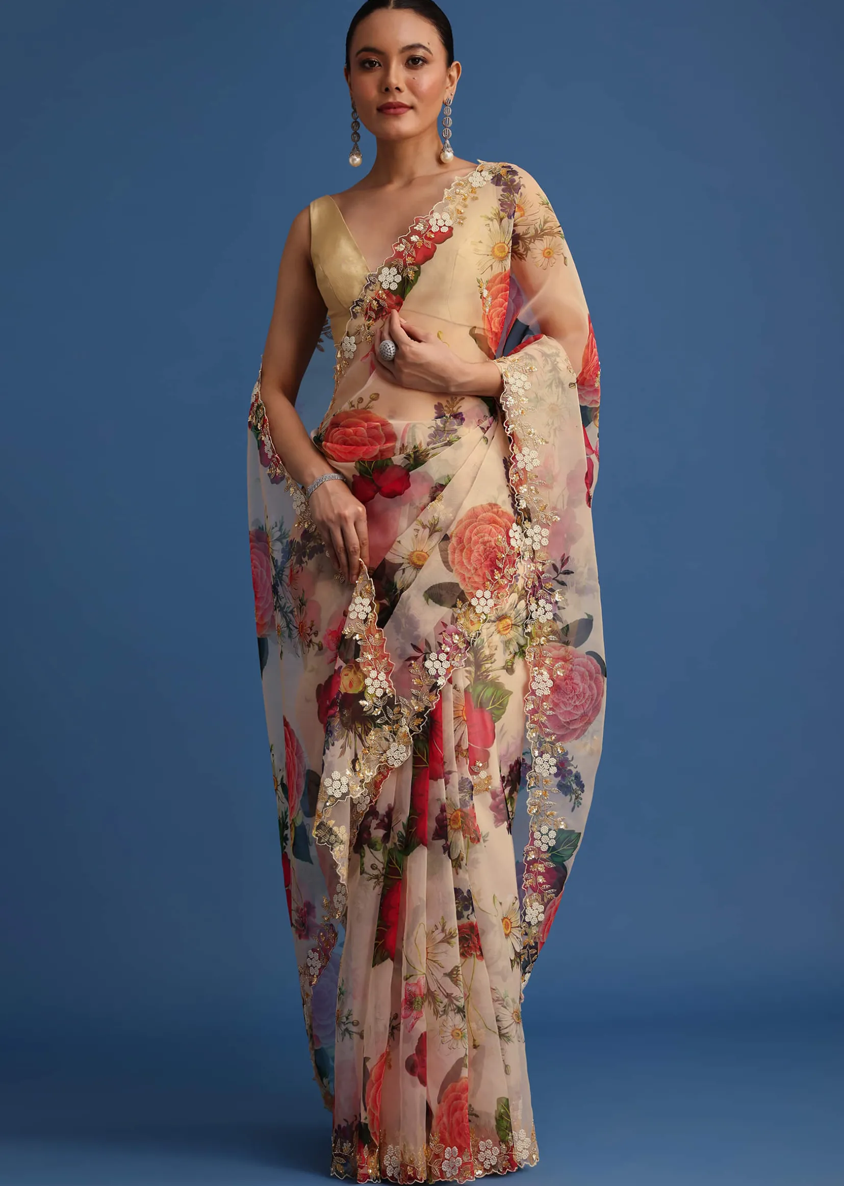 Off White Organza Floral Printed Saree With Embroidered Border