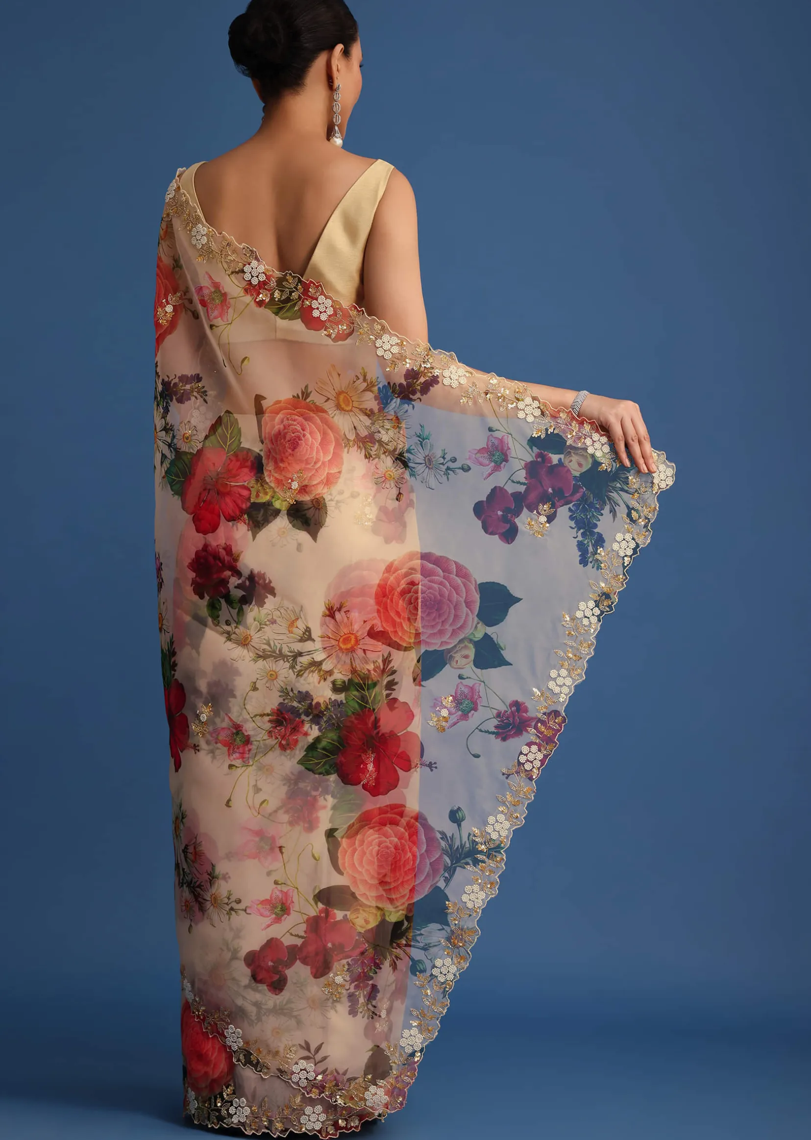 Off White Organza Floral Printed Saree With Embroidered Border