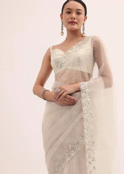 Off White Organza Saree In Sequins With Unstitched Blouse
