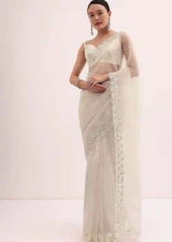 Off White Organza Saree In Sequins With Unstitched Blouse