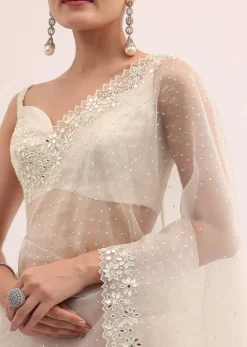 Off White Organza Saree In Sequins With Unstitched Blouse