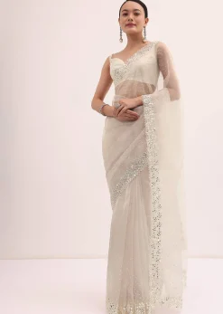 Off White Organza Saree In Sequins With Unstitched Blouse