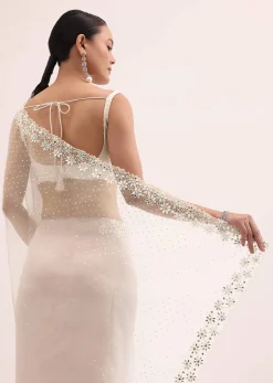 Off White Organza Saree In Sequins With Unstitched Blouse