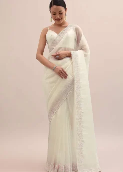 Off White Organza Saree In Thread Work With Unstitched Blouse