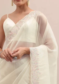 Off White Organza Saree In Thread Work With Unstitched Blouse