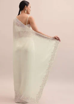 Off White Organza Saree In Thread Work With Unstitched Blouse
