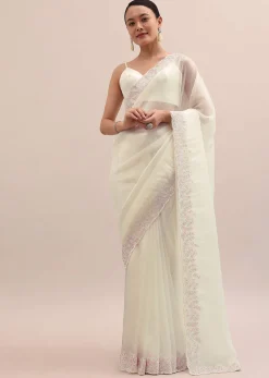 Off White Organza Saree In Thread Work With Unstitched Blouse