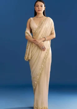 Off White Organza Tissue Saree With Beaded Scallop Border