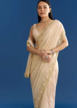Off White Organza Tissue Saree With Beaded Scallop Border