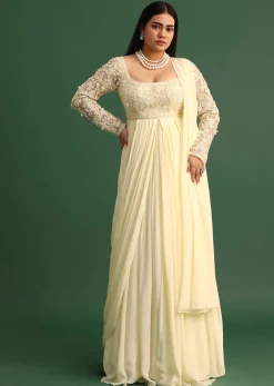 Off White Pallu Style Draped Anarkali Suit