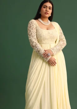 Off White Pallu Style Draped Anarkali Suit