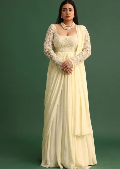 Off White Pallu Style Draped Anarkali Suit
