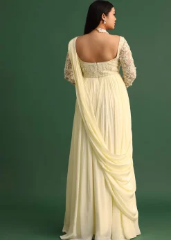 Off White Pallu Style Draped Anarkali Suit