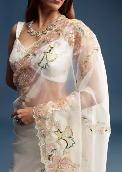 Off White Paper Tissue Saree With Floral Embroidery