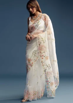 Off White Paper Tissue Saree With Floral Embroidery